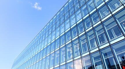 Obraz premium Modern glass facade of an office building under a clear blue sky, showcasing sleek design and innovative architectural elements. 