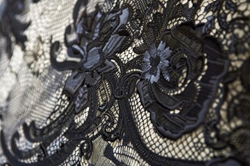 Intricate black lace fabric with embroidered floral designs, Produce a work that showcases the intricate and varied patterns of black lace