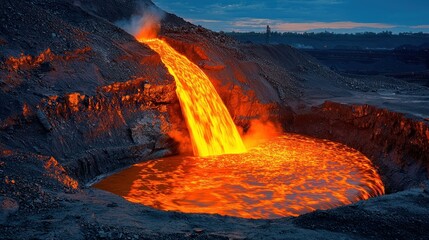 Fototapeta premium Hot liquid metal pours at dusk, a raw material production process in the background