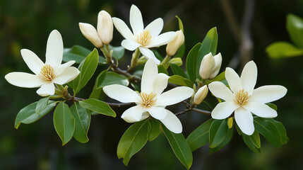 Obraz premium A close-up of a magnolia tree branch with multiple blossoms, highlighting the variations in petal color and form