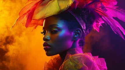 Vibrant portrait of african female in feathered hat against colorful background