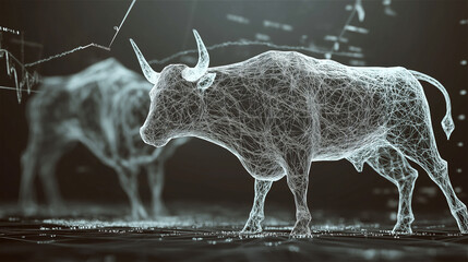 A digitally created wireframe of a bull, with stock data visualizations in the background. This image represents the bullish trend in the stock market and investment growth.