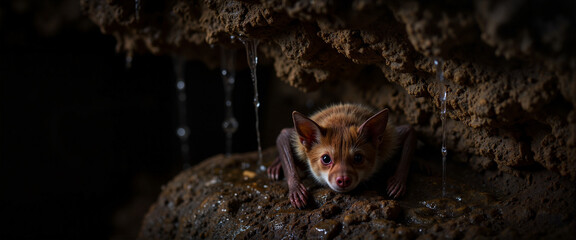Obraz premium Hibernating bat in dark cave, mysterious underground habitat