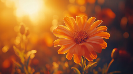 A glowing marigold in golden hour lighting, with warm sunlight filtering through its vibrant orange petals
