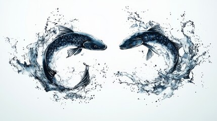 A black and white ink artwork of two fish meeting face-to-face, featuring dynamic brush strokes and splashes for an energetic artistic effect