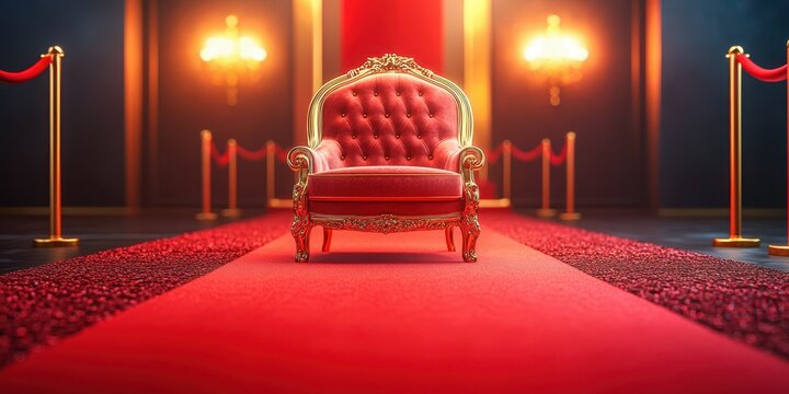 Luxurious red carpet setting with ornate golden throne and elegant lighting in a glamorous event venue