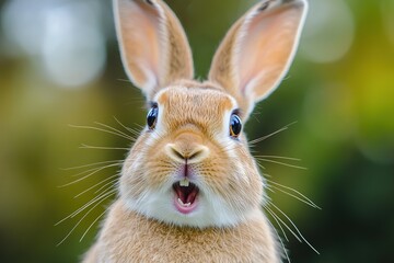 A close up portrait of an adorable surprised looking rabbit