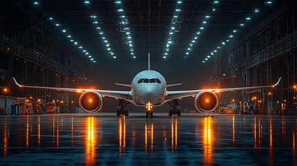 Modern airplane parked inside maintenance hangar high resolution photo