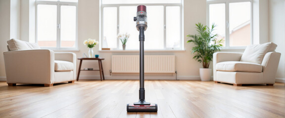 Sleek modern vacuum cleaner in bright living room, home cleanliness