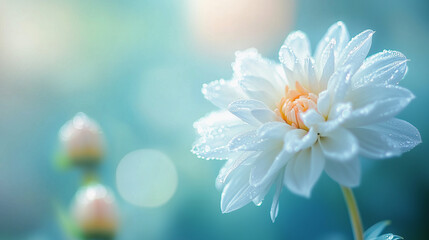 A soft-focus shot of a white dahlia with dewdrops clinging to its petals, enhancing the intricate floral details