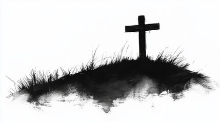 A basic black and white depiction of a solitary cross on a small hill with sparse grass fosters a reflective and somber atmosphere