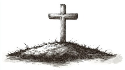 A simple and touching black and white depiction of a lone cross on a small hill, embraced by grass, symbolizing faith and recollection