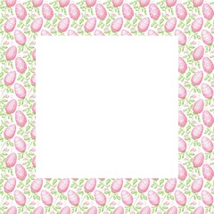 Illustration with decorative frame with watercolor Easter eggs, green branches with leaves and small flowers. Perfect for holiday cards, home decoration, invitations for Easter events, spring holidays