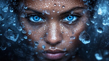 A captivating close-up of a woman's face, framed by water with deep blue hues and luminous reflections, evokes a dreamy, ethereal atmosphere