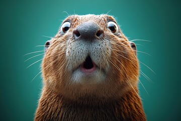 A close up of a surprised rodent animal staring directly forward