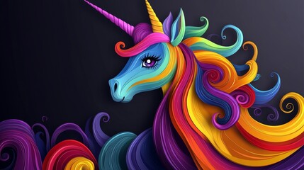 Fototapeta premium A colorful digital artwork showcasing a unicorn with a mane of swirling, multicolored patterns, highlighted against a dark background