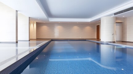 Contemporary indoor swimming pool featuring clear blue water and a spacious design, creating a tranquil retreat ideal for relaxation and wellness in a luxurious environment.  