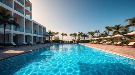 Modern luxury hotel with large outdoor pool, palm trees, and sun loungers  