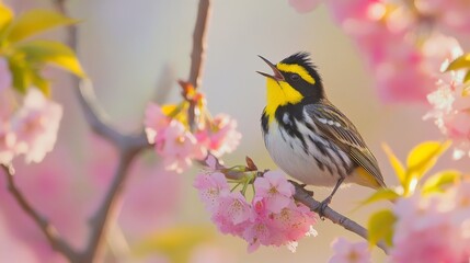 Black-throated warbler singing amidst cherry blossoms