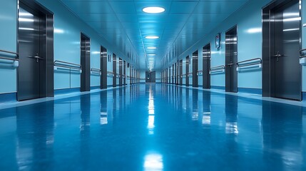 Obraz premium Modern hospital corridor with blue lighting high resolution wallpaper