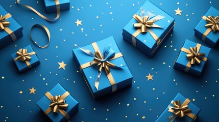 Blue gifts with gold bows on blue background