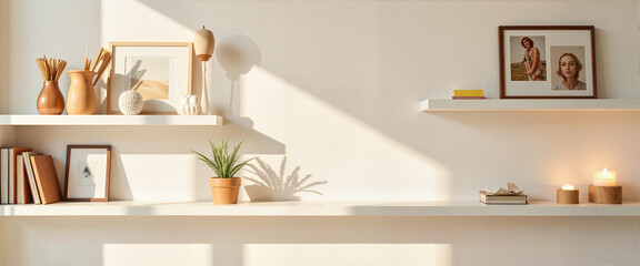 Shelves being organized in minimalist room, serene ambiance