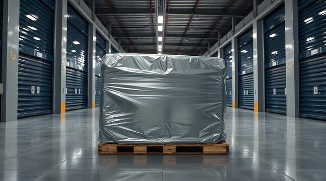 Securely wrapped package on a wooden pallet inside a modern warehouse facility with organized storage units and clean surfaces.  