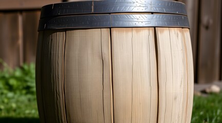 Naklejka premium Wooden barrel with metal bands standing outside in sunlight on grass 