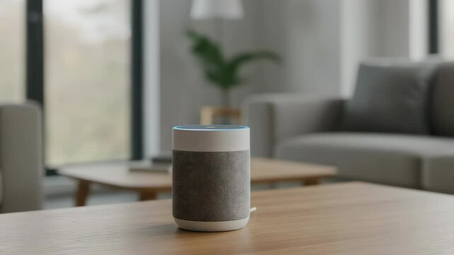 Woman interacting with smart speaker in modern living room. Voice assistant with blue light responding to hand gesture. Home automation technology for controlling smart home devices.