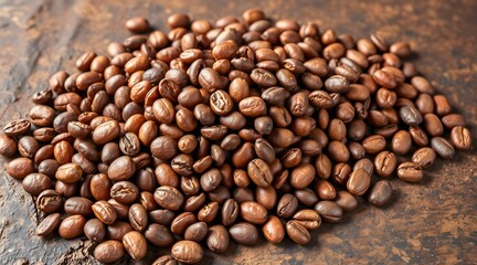 Fototapeta premium Heap of aromatic roasted coffee beans on rustic surface in macro view 