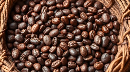 Fototapeta premium A close-up view of roasted coffee beans nestled in a rustic basket, showcasing their rich, dark color and inviting aroma, perfect for coffee enthusiasts and gourmet beverage lovers. 