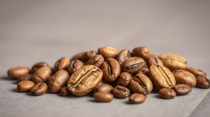 Naklejka premium Roasted coffee beans pile on textured surface macro closeup 