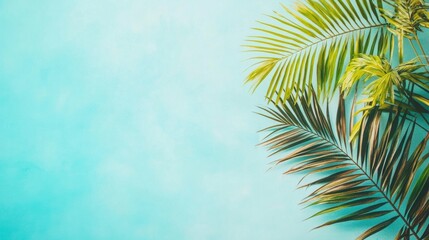 Fototapeta premium Palm leaves against a turquoise sky and white wall, in pastel minimalism.