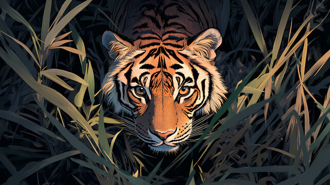 Ai generated image of top view onto the tiger prowling through the reed grass. Majesty - Mountain. Illustration