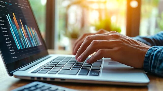 Hands typing on laptop keyboard while reviewing customer survey results, colorful charts and graphs show service quality trends.