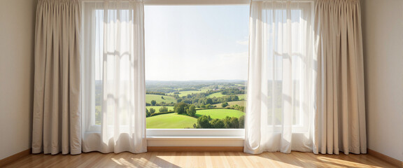 Serene countryside view from open window with billowing curtains, tranquility