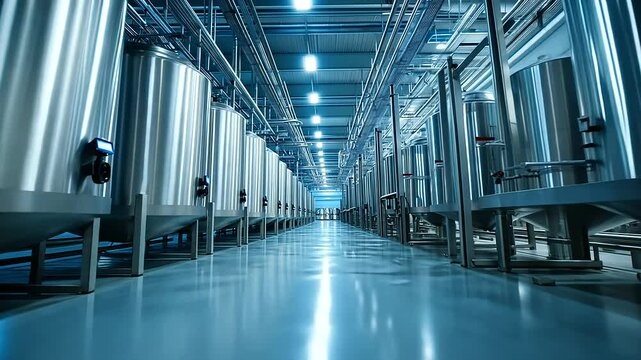 Inside a high-efficiency dairy plant, where massive metal storage containers and an intricate network of pipes ensure seamless production.