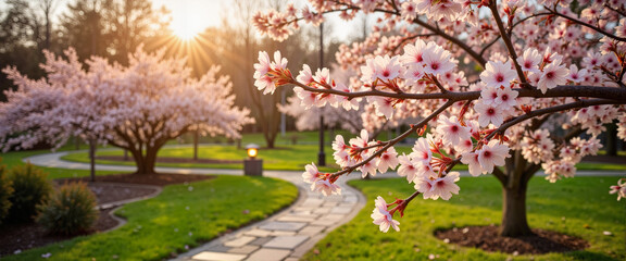Cherry blossom branches in serene garden at golden hour, peaceful beauty