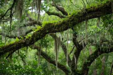 A close-up view of Spanish moss hanging from tree branches in a lush forest, Moss hanging like curtains from tree limbs