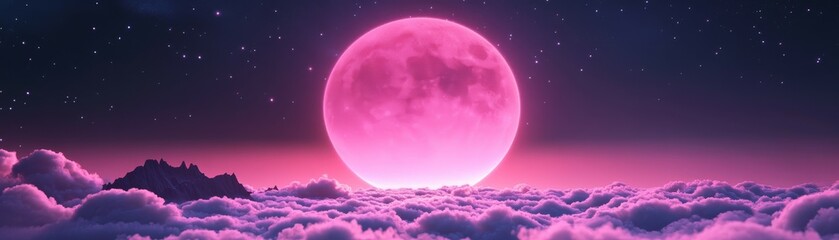 Obraz premium Pink Moon Celestial Fantasy Surreal Landscape Above the Clouds with Bright Celestial Body, Dreamy Night Sky, and Serene Ethereal Atmosphere