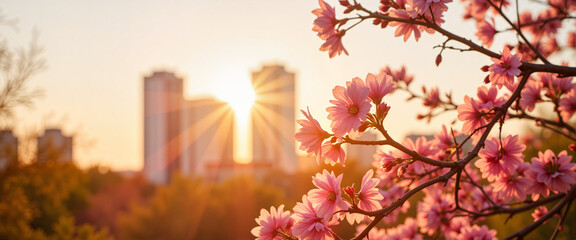 Vibrant cherry blossoms in urban park at golden hour, nature's beauty