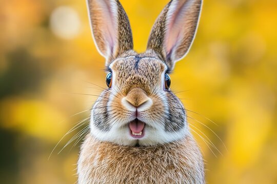 A surprised looking rabbit with long ears and a mouth open