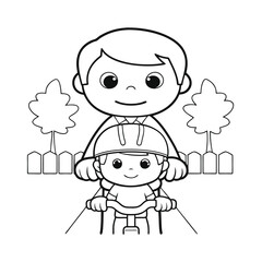 Dad and son with bicycle for coloring book 