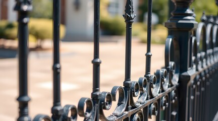 Fototapeta premium Close-up of an ornate wrought iron fence, showcasing intricate details and craftsmanship, enhancing the elegance and security of a residential property. 