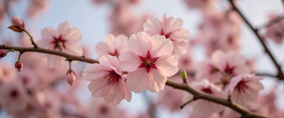 Obraz premium Cherry blossom in full bloom against pastel sky, nature's tranquility