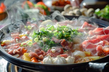 A close-up of a hot pot filled with meat, vegetables, and noodles steaming in a restaurant kitchen, Hot pot with a variety of meats and vegetables