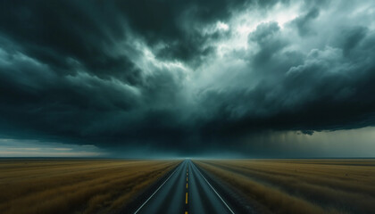 Stormy Road: A dark storm looms over a straight, seemingly endless highway