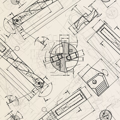 Mechanical engineering drawings on sepia background. Drill tools, borer. Technical Design. Cover. Blueprint. Vector illustration. Seamless pattern.