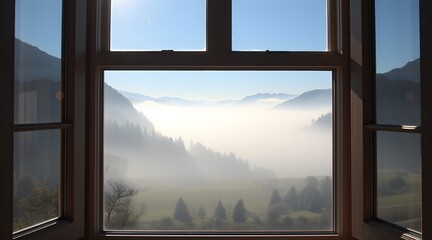 A serene mountain view from a window showcasing a foggy landscape, capturing the tranquil beauty of nature in the morning light.   