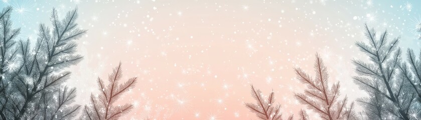 Whimsical Winter Wonderland Serene Evergreen Branches Frame Ethereal Empty Space Against Abstract Pastel Sky -A Captivating Holiday Graphic Design